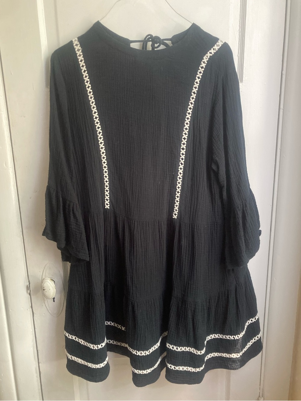 Black Crochet-Trim Peasant Tunic Top Size Large - 100% Cotton